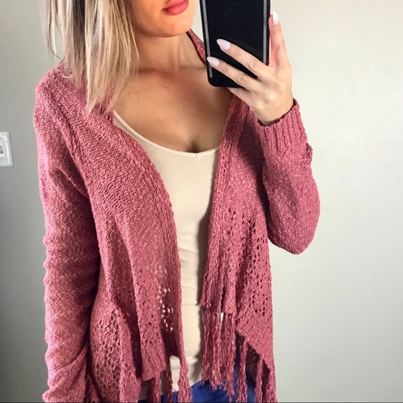-Dusty Rose Knit Fringe Cardigan- - Picture 4 of 4